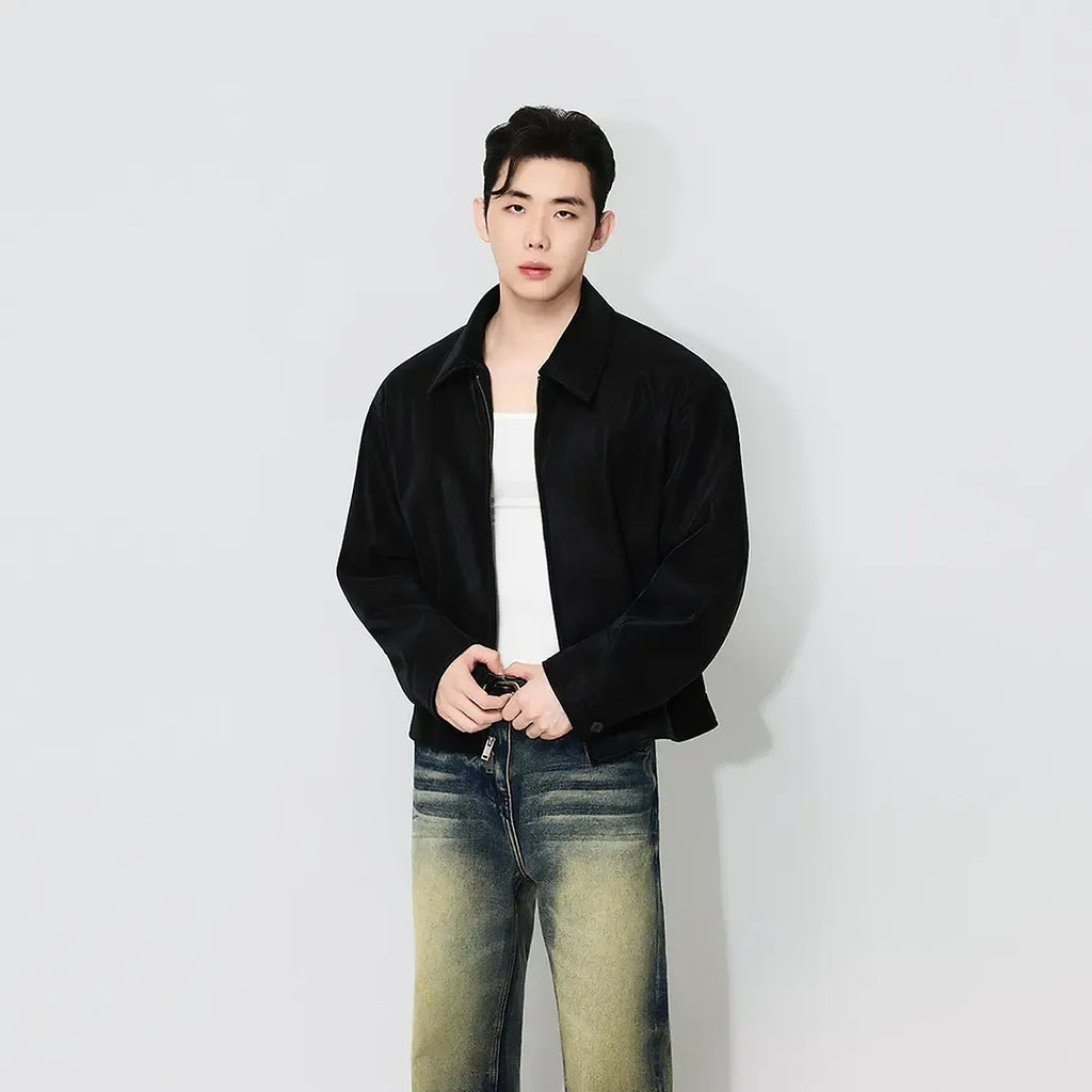 Men's PU Leather Harrington Jacket in black - worn view