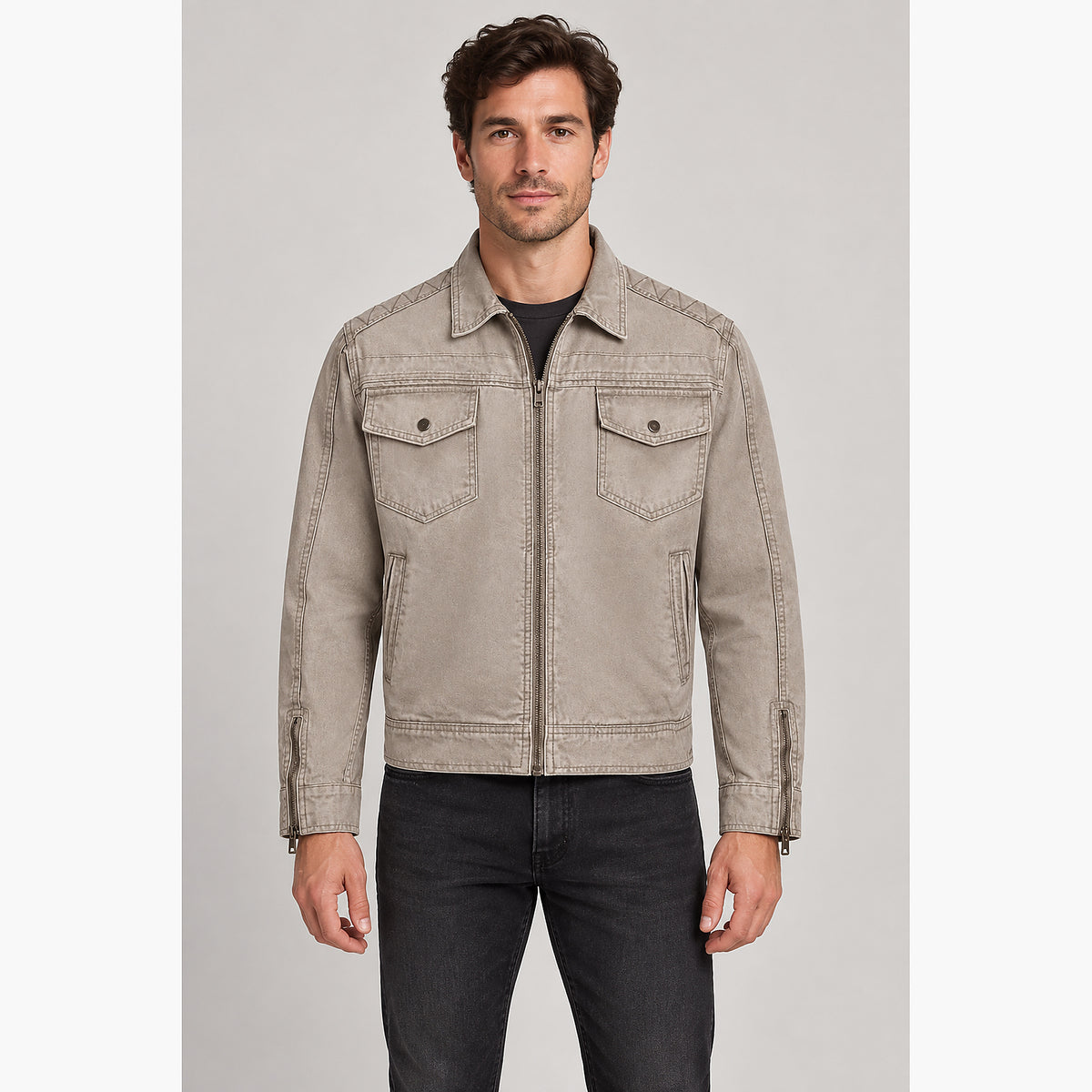 Men's Washed Denim Utility Jacket in light gray - worn view