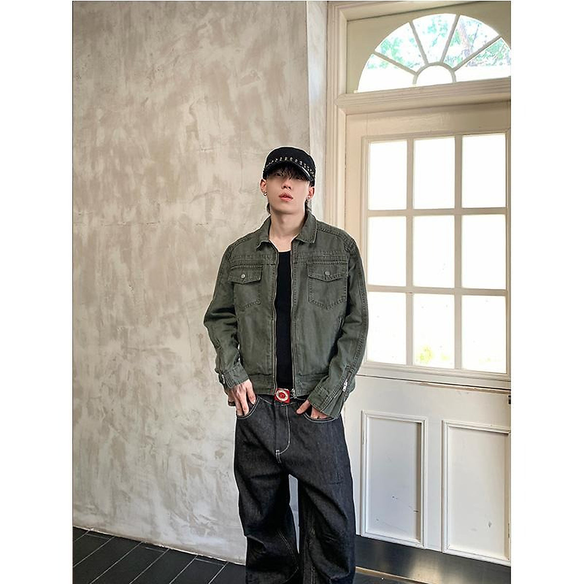 Men's Washed Denim Utility Jacket in dark gray - worn view