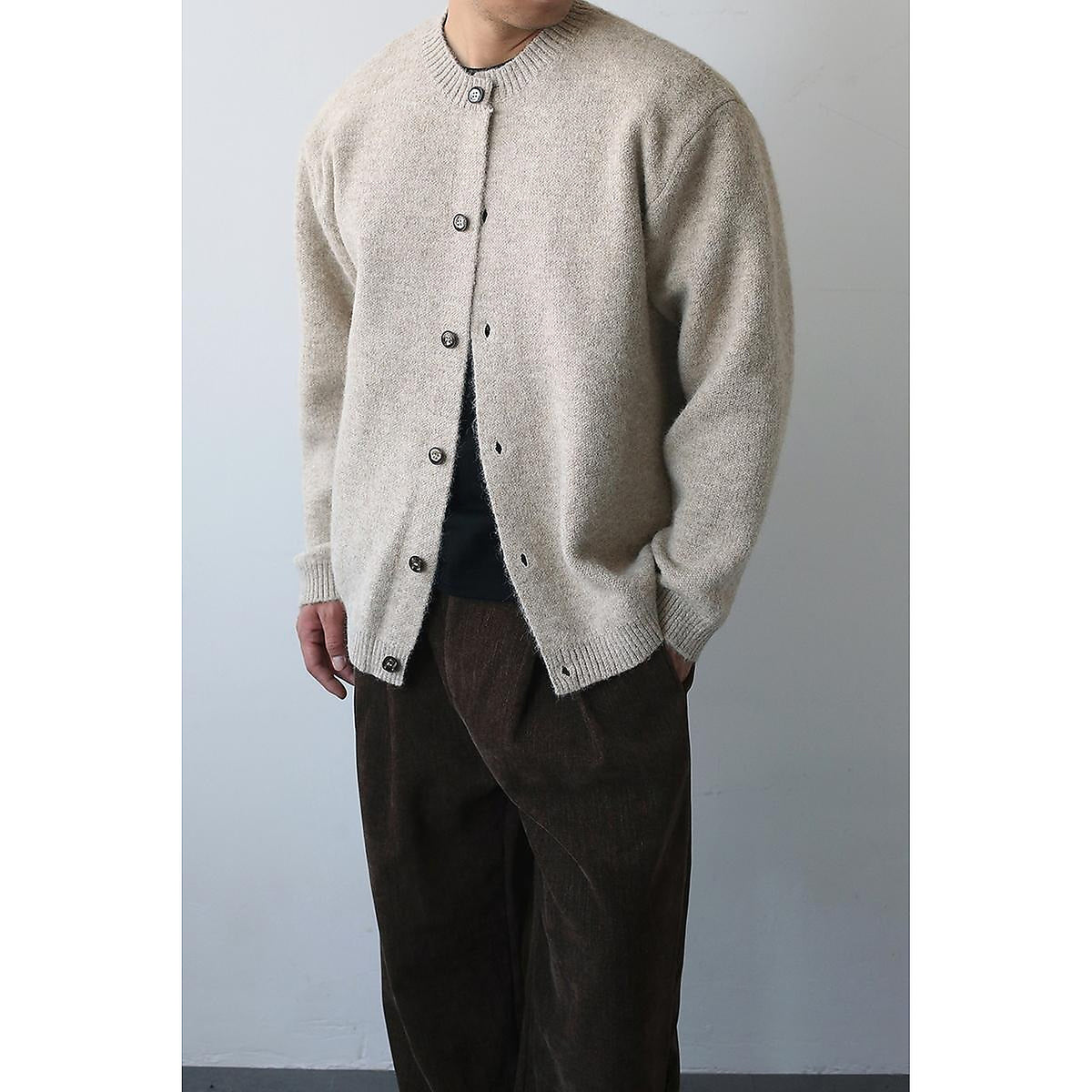 Men's Wool-Blend Button-Front Cardigan in oatmeal (warm beige) - worn view
