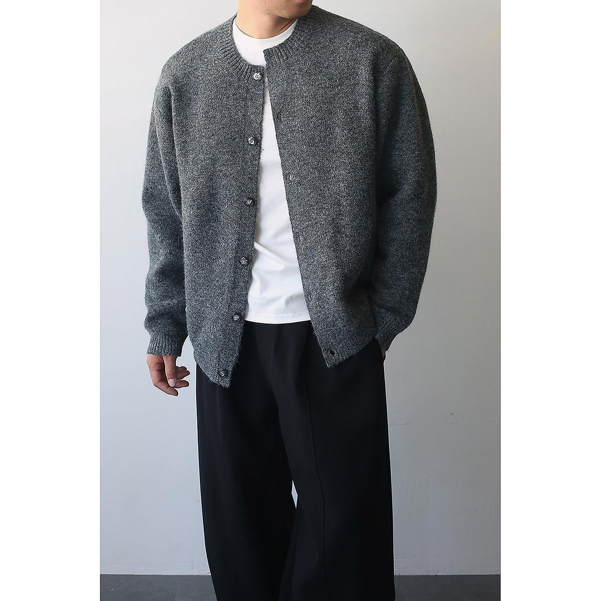 Men's Wool-Blend Button-Front Cardigan in light gray - worn view