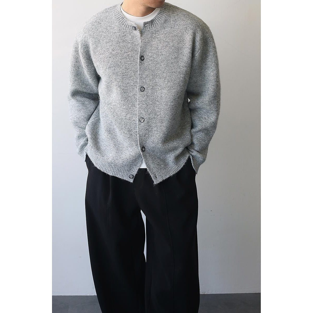 Men's Wool-Blend Button-Front Cardigan in dark gray - worn view
