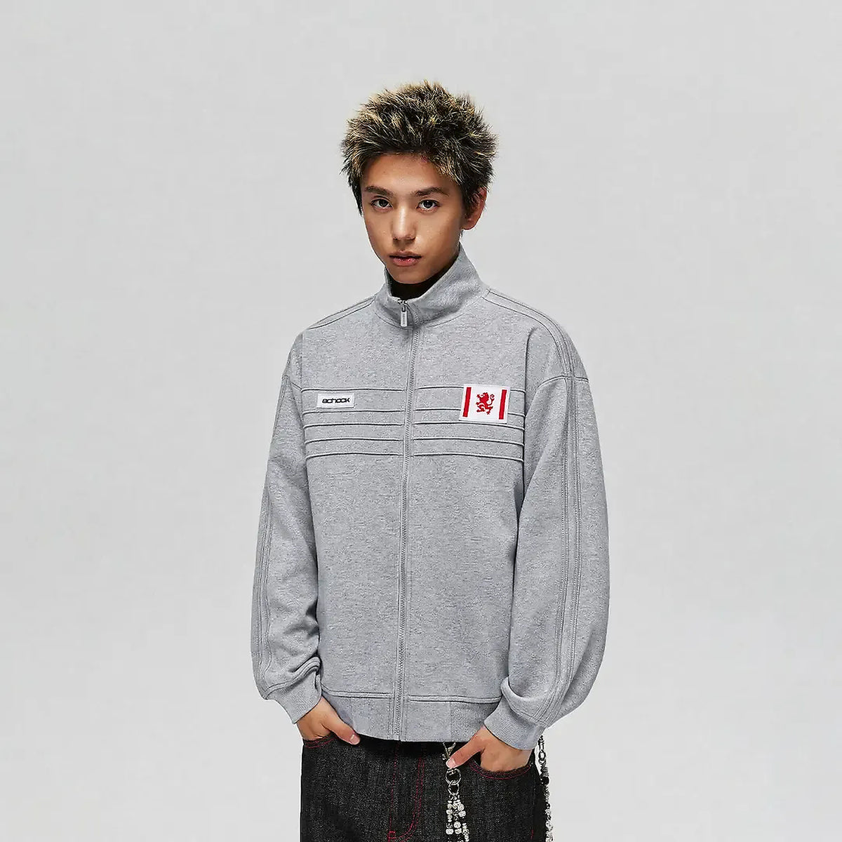 Men's Badge-Detail Stand-Collar Jacket in gray - worn view