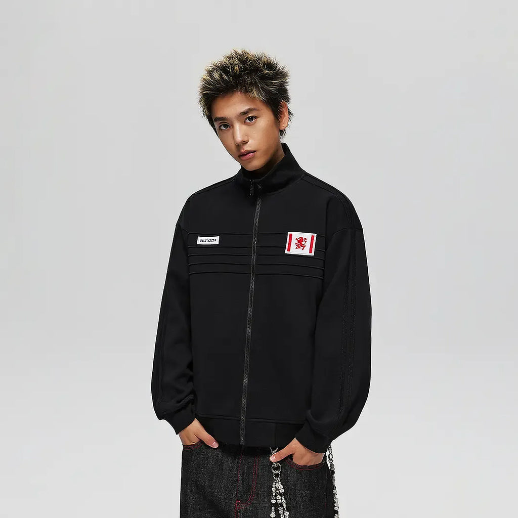 Men's Badge-Detail Stand-Collar Jacket in black - worn view