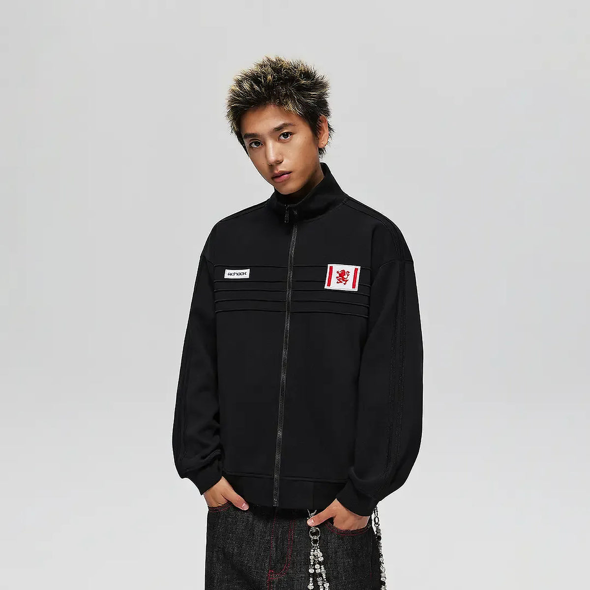 Men's Badge-Detail Stand-Collar Jacket in black - worn view