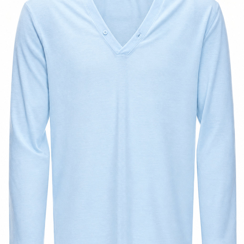 Men's Deep V-Neck Button-Placket Long-Sleeve Tee in light blue - product detail