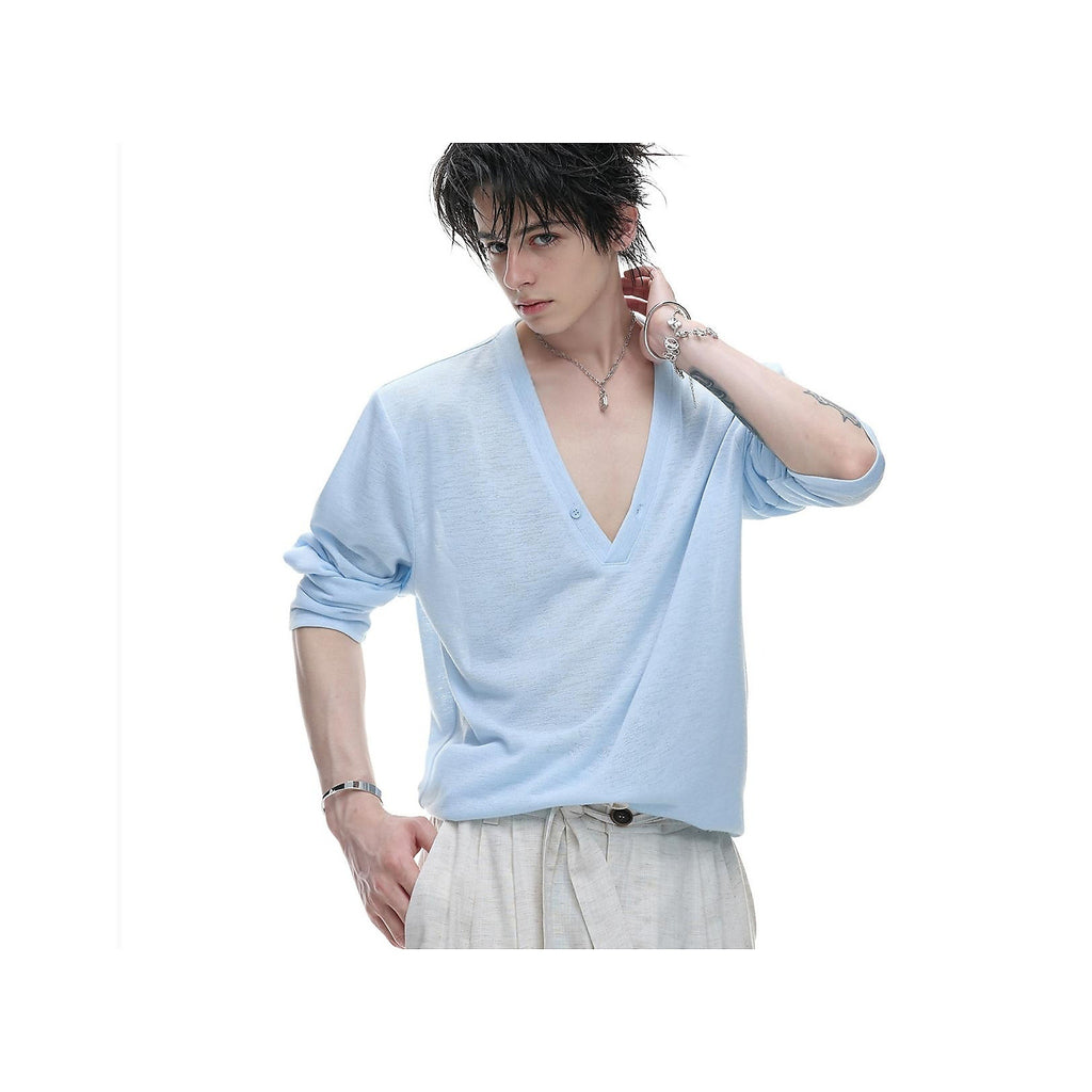 Men's Deep V-Neck Button-Placket Long-Sleeve Tee in light blue - worn view