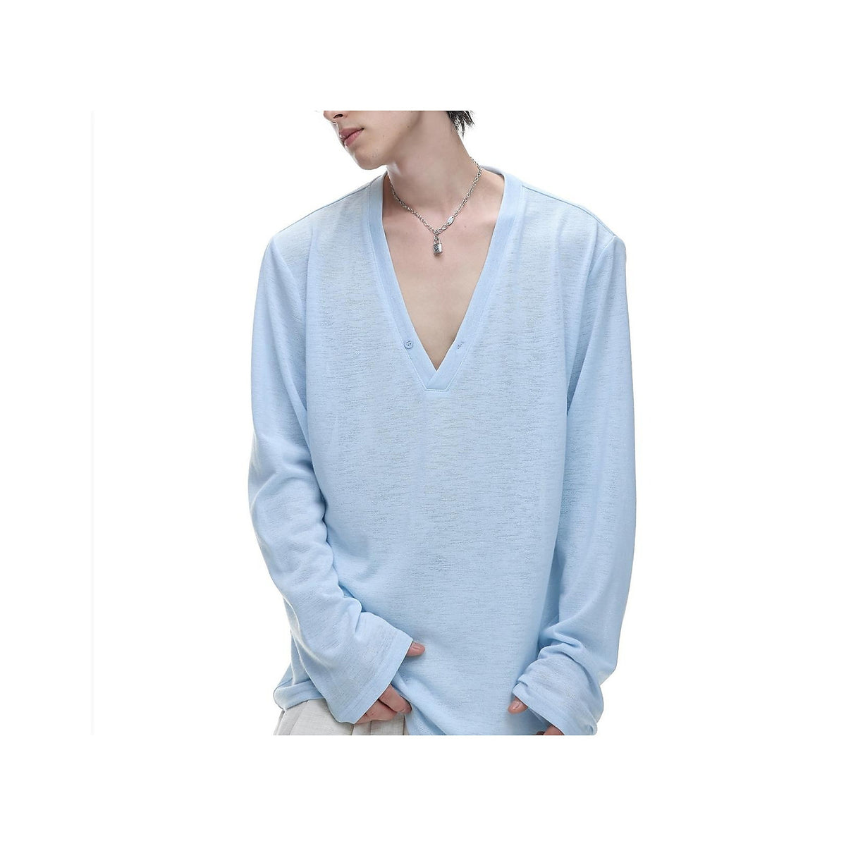 Men's Deep V-Neck Button-Placket Long-Sleeve Tee in light blue - worn view