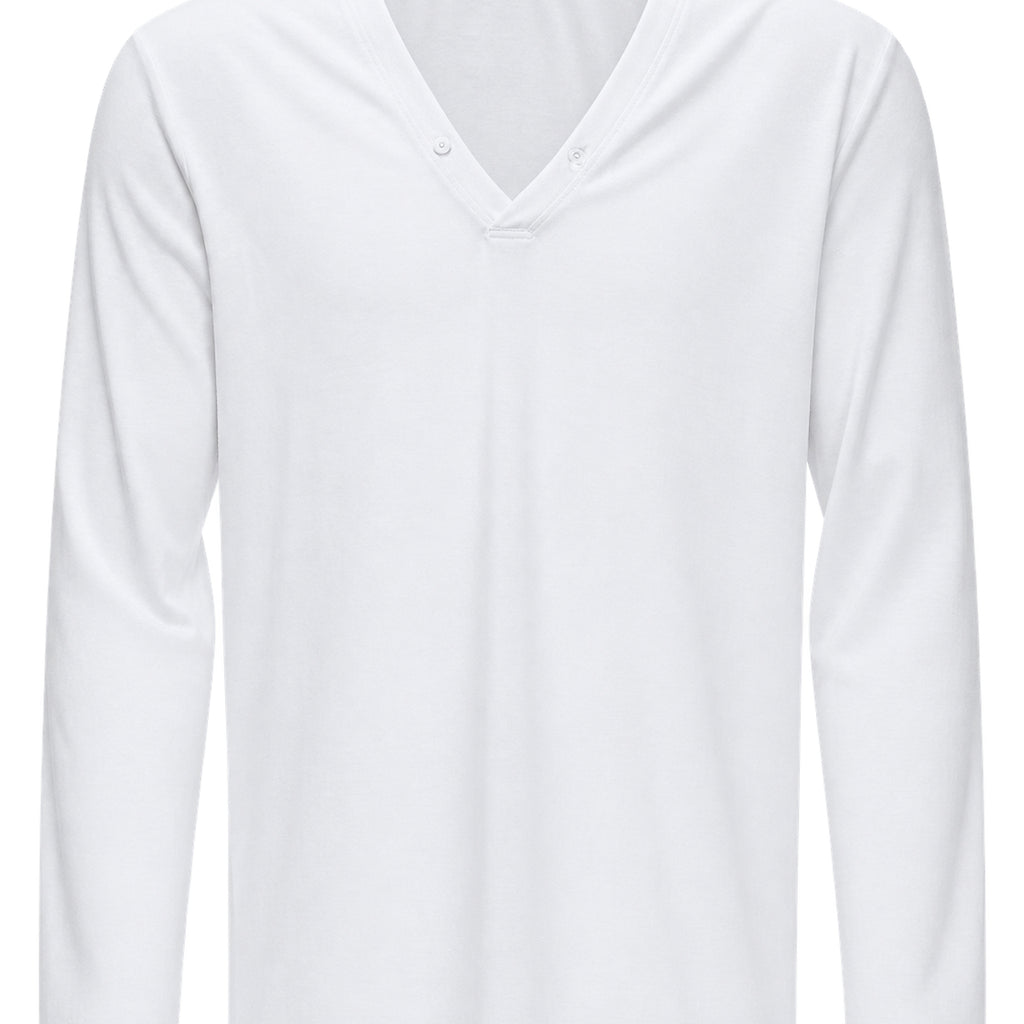 Men's Deep V-Neck Button-Placket Long-Sleeve Tee in white - product detail