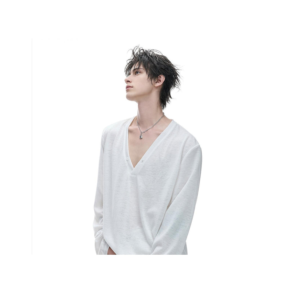 Men's Deep V-Neck Button-Placket Long-Sleeve Tee in white - worn view