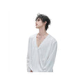 Men's Deep V-Neck Button-Placket Long-Sleeve Tee in white - worn view