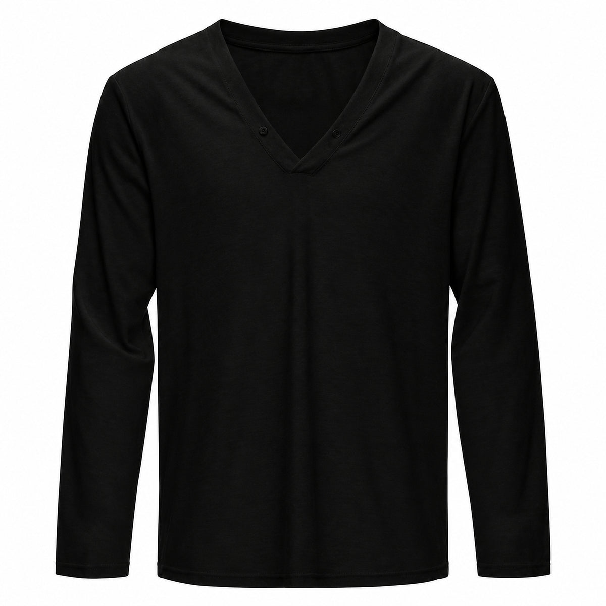 Men's Deep V-Neck Button-Placket Long-Sleeve Tee in black - product detail