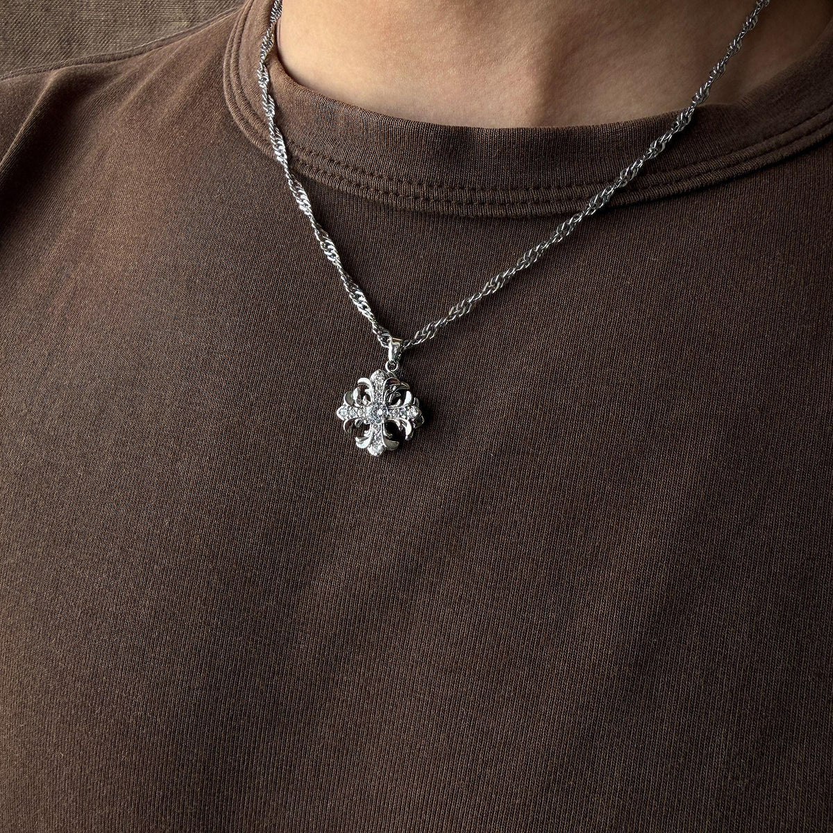 Cross Pendant Necklace in silver - worn view