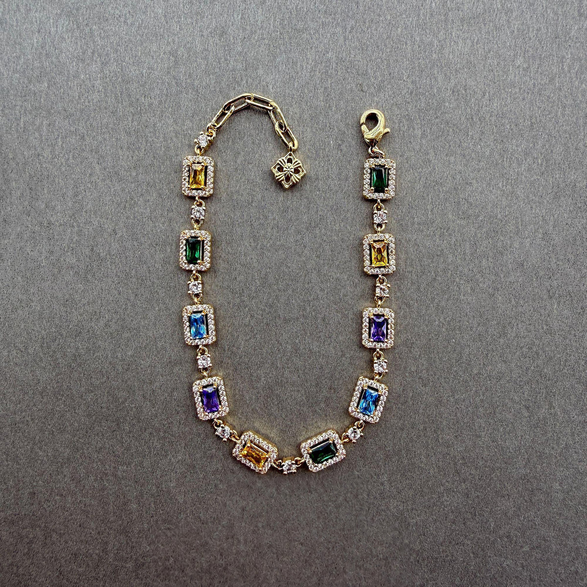 Gold-tone multicolor rectangular stone link bracelet - product view