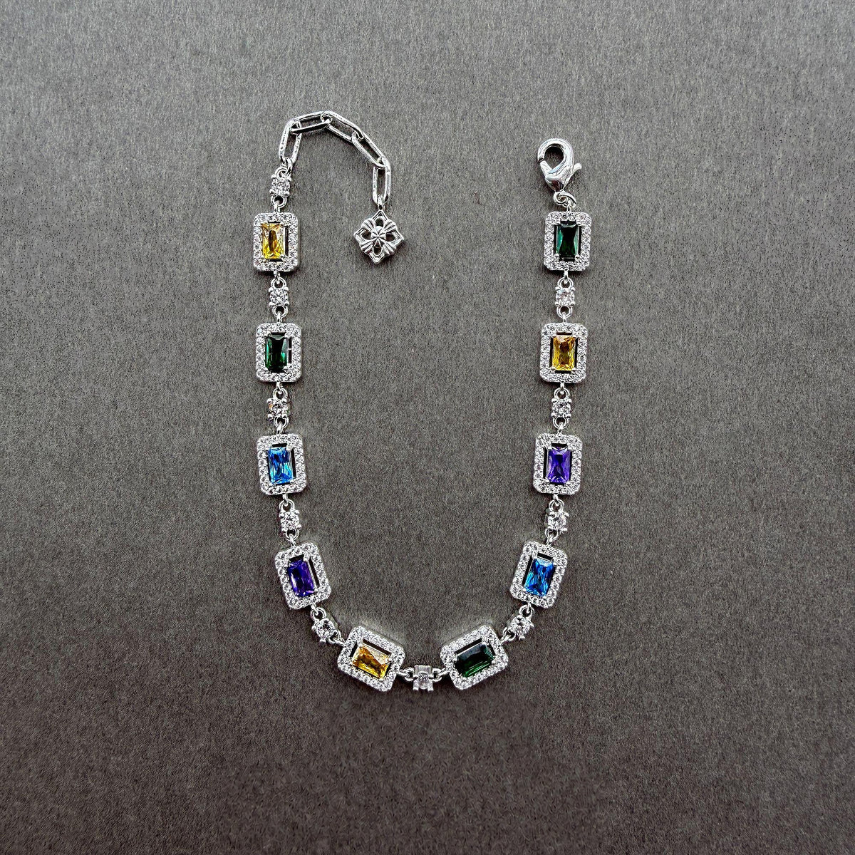 Silver-tone multicolor rectangular stone link bracelet - product view