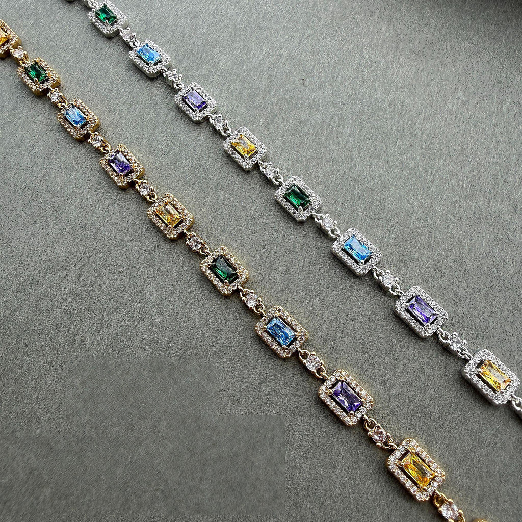 Silver-tone multicolor rectangular stone link bracelet - product detail