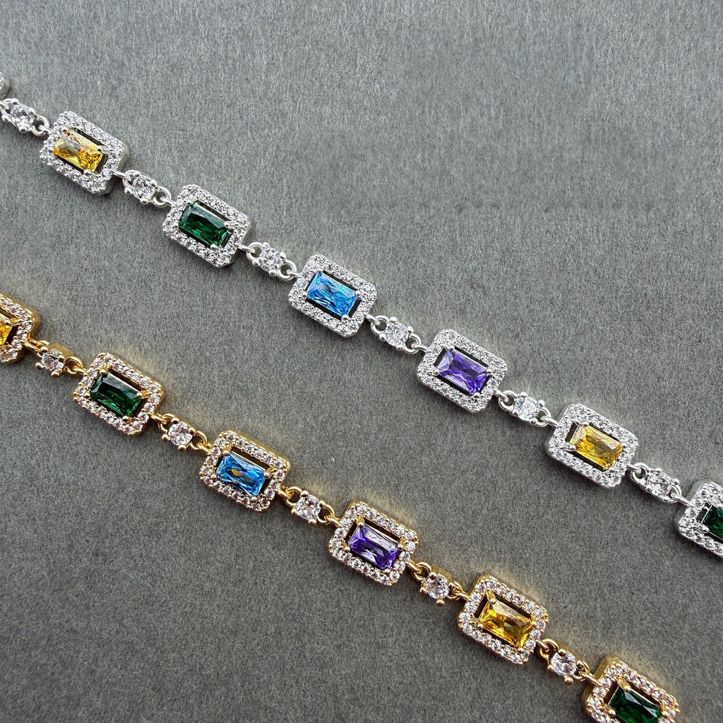 Angled detail of multicolor rectangular stones and link construction