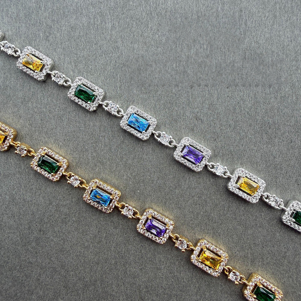 Angled detail of multicolor rectangular stones and link construction