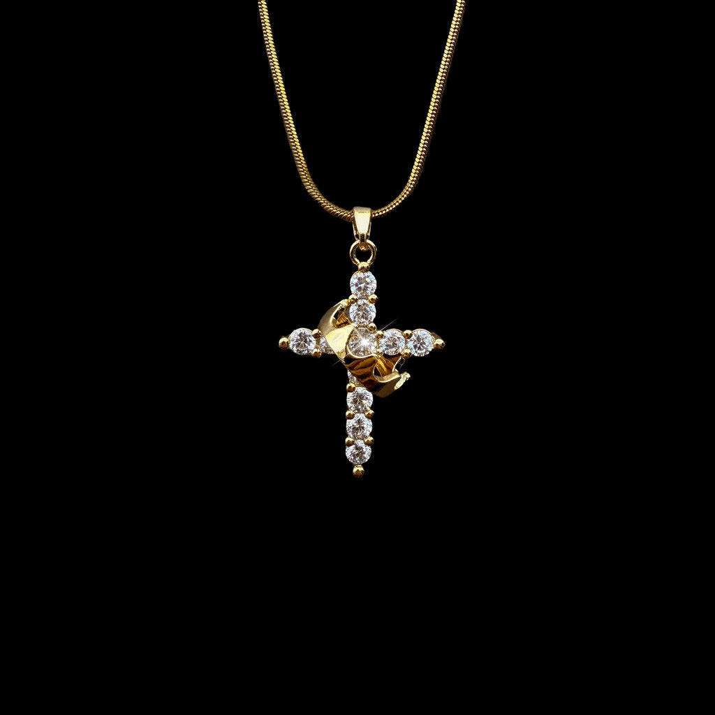 Gold-tone crown-detail cross pendant necklace - product view