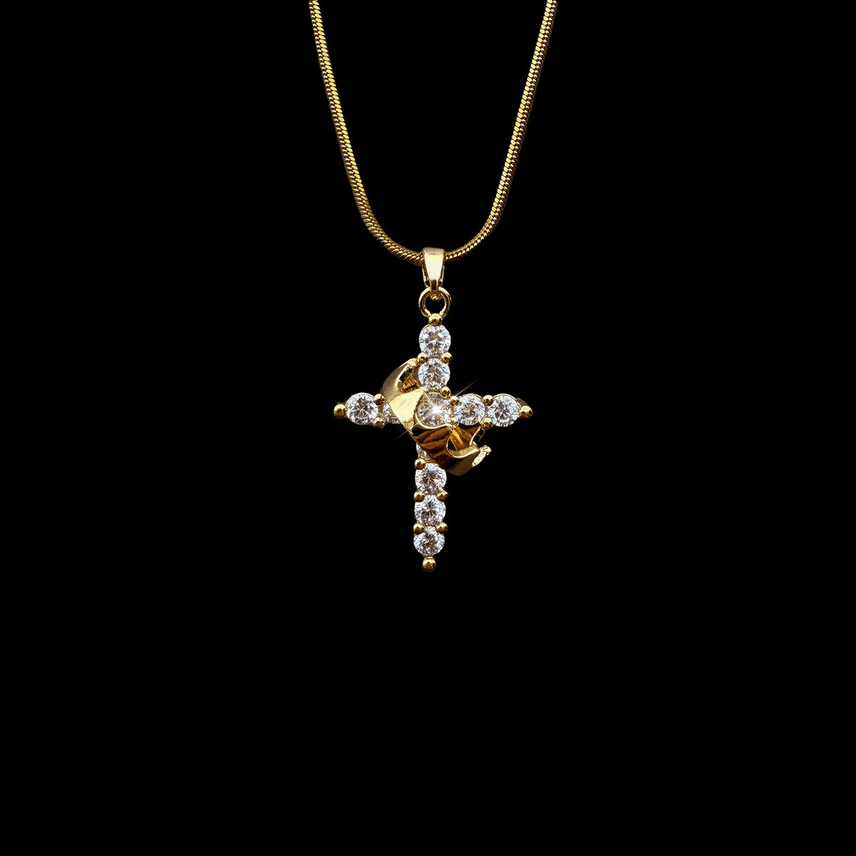 Gold-tone crown-detail cross pendant necklace - product view