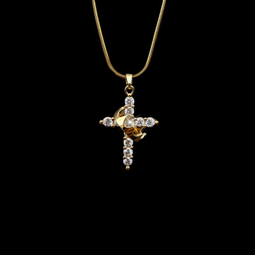 Gold-tone crown-detail cross pendant necklace - product view