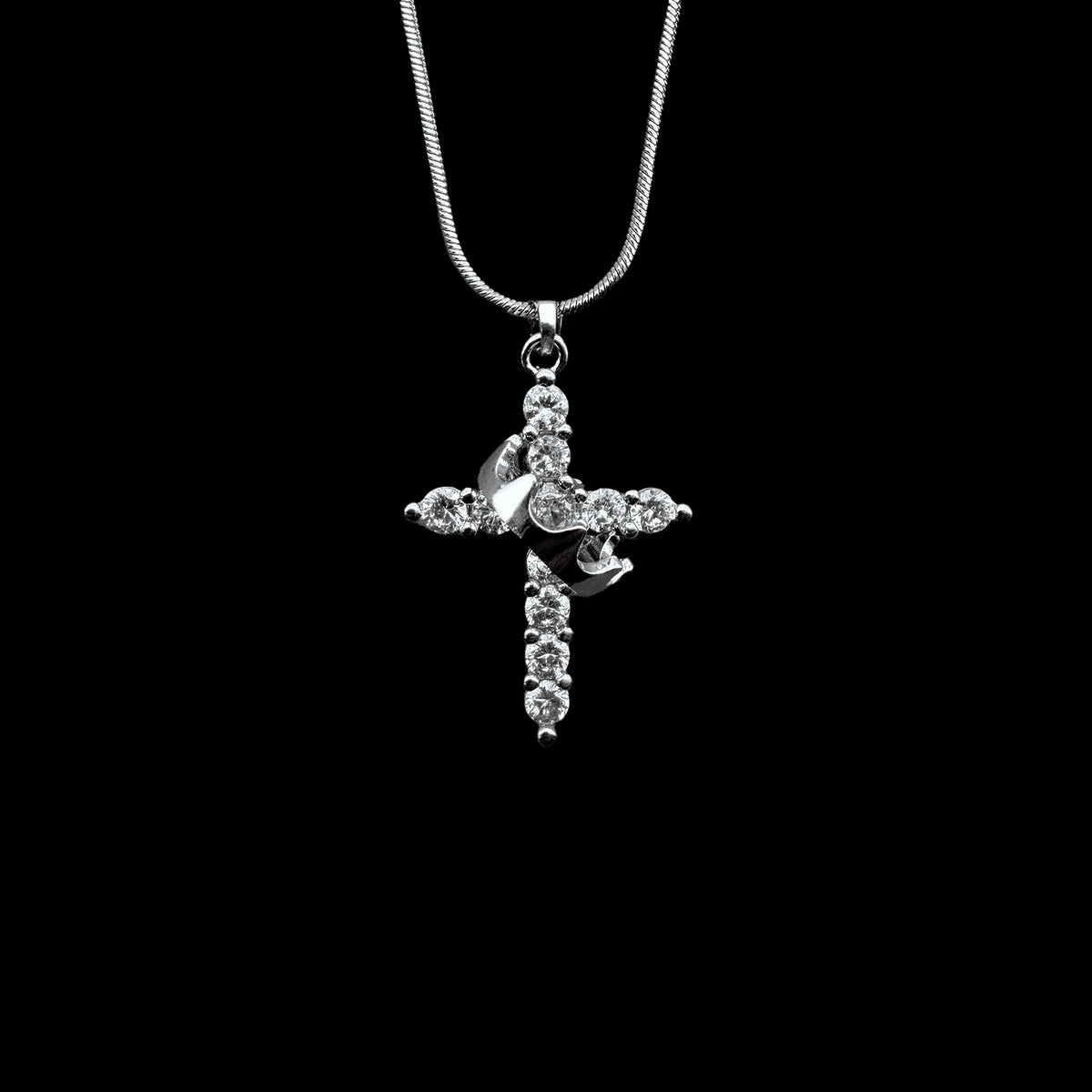 Silver-tone crown-detail cross pendant necklace - product view