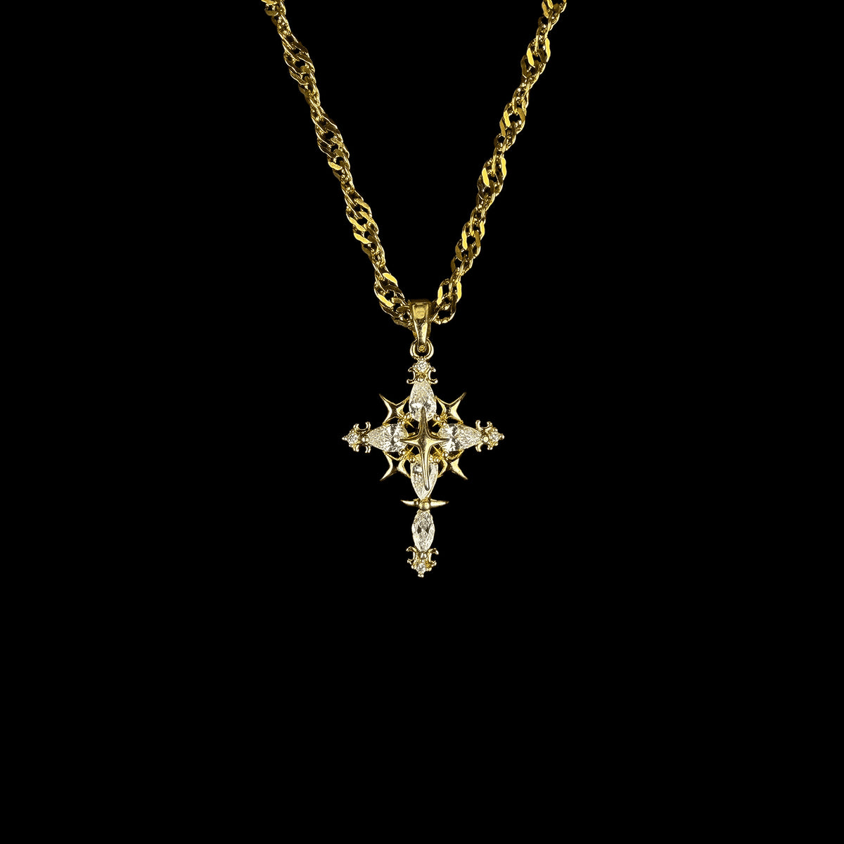 Gold-tone ornate stone-detail cross necklace - product view