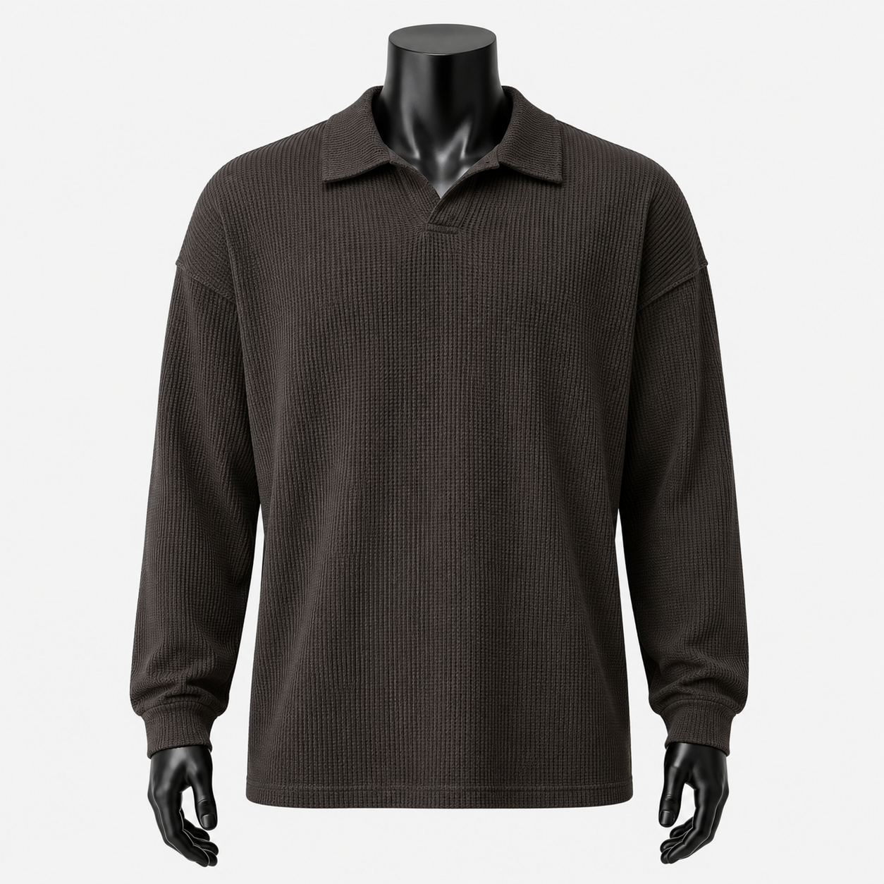 Waffle Seagull Collar Long Sleeve Polo in dark brown view 3 view