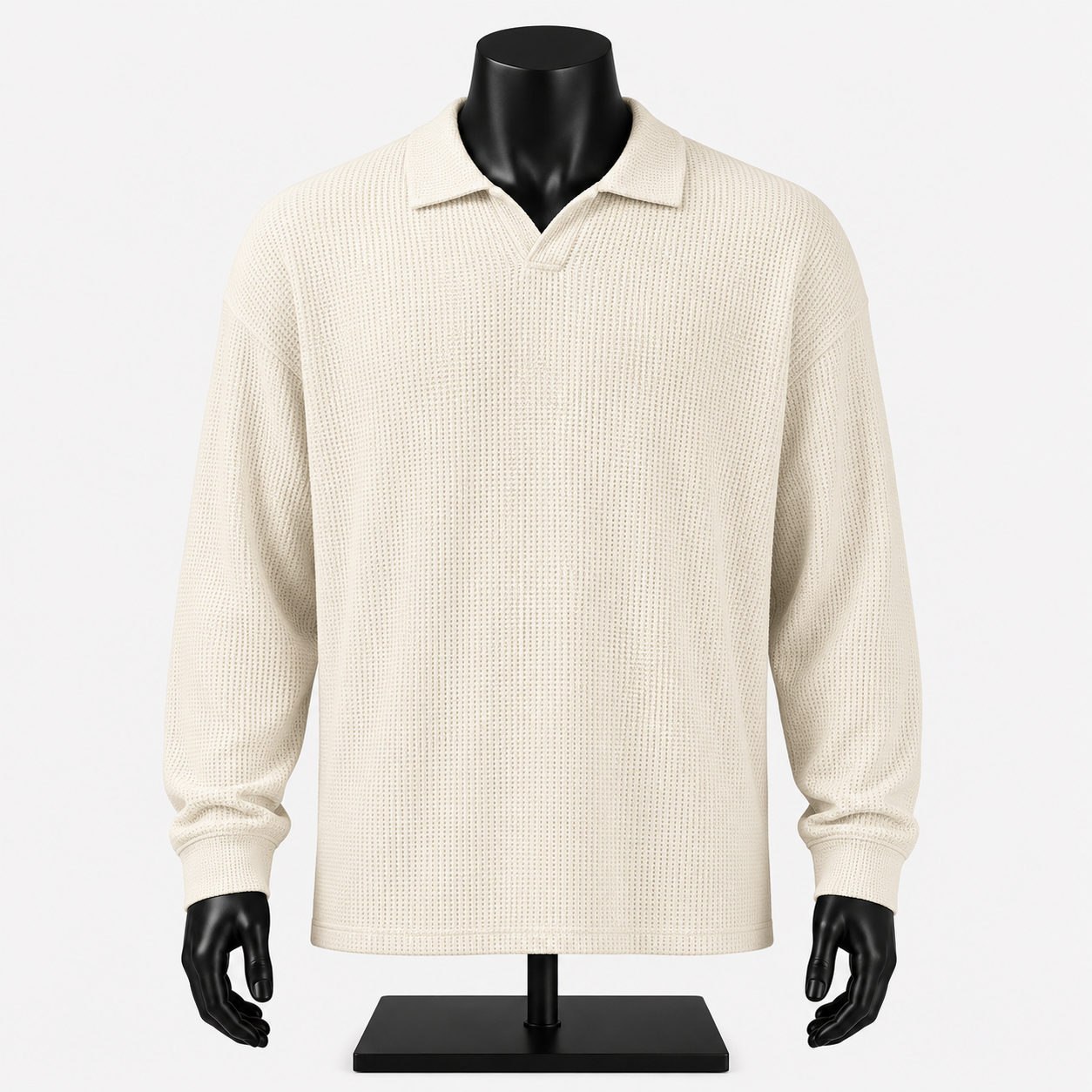 VAREN FORM Waffle Seagull Collar Long Sleeve Polo in ivory front view