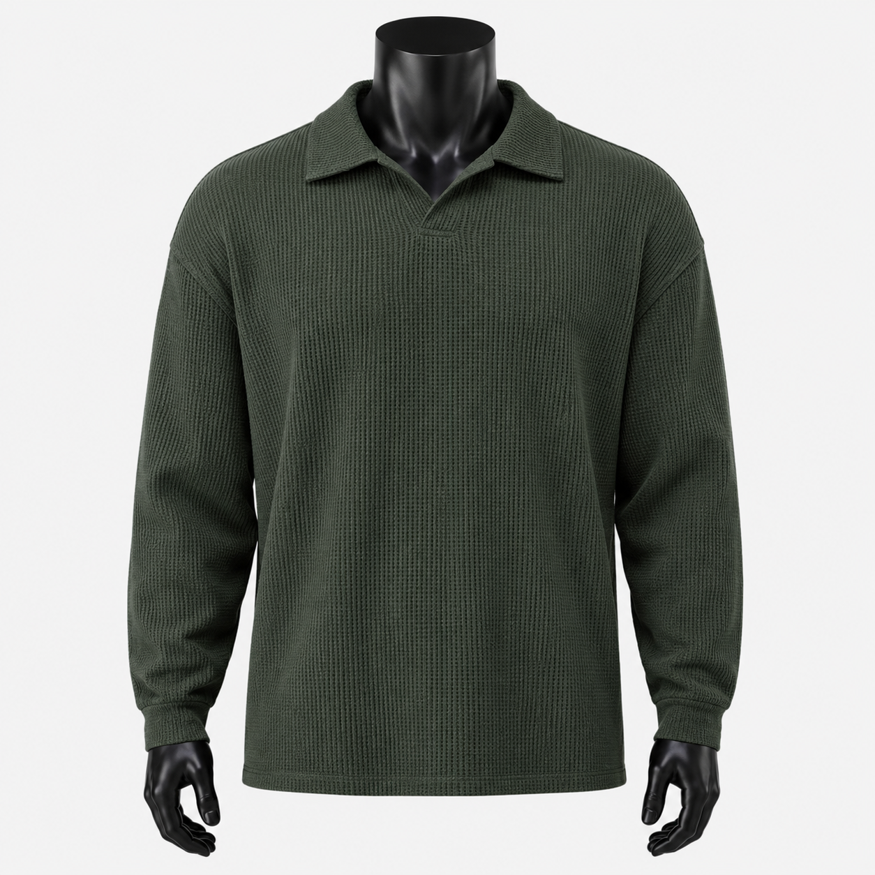 Waffle Seagull Collar Long Sleeve Polo in olive green view 2 view