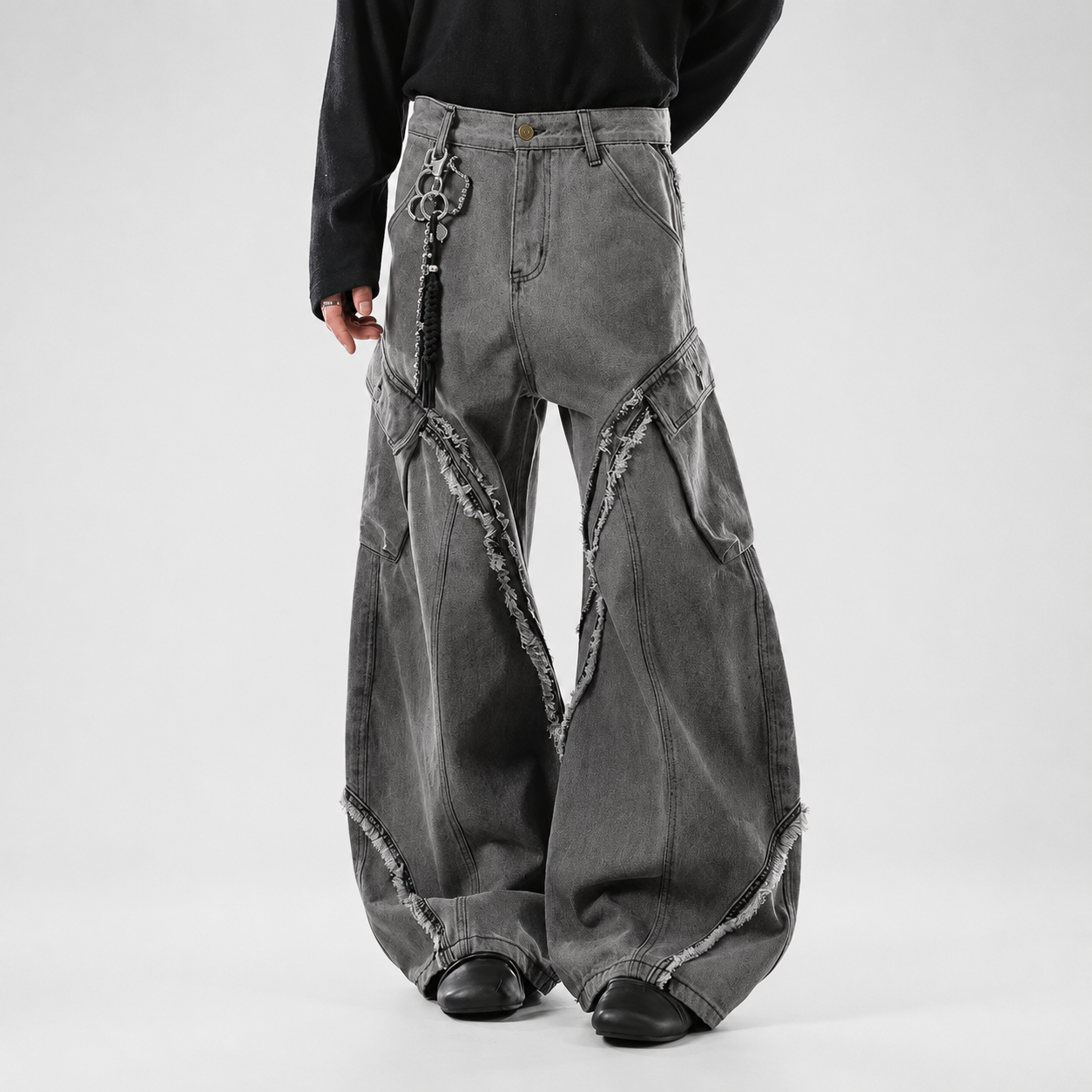 VAREN FORM Washed Paneled Wide-Leg Jeans in Washed Grey for men's gym-to-street wear