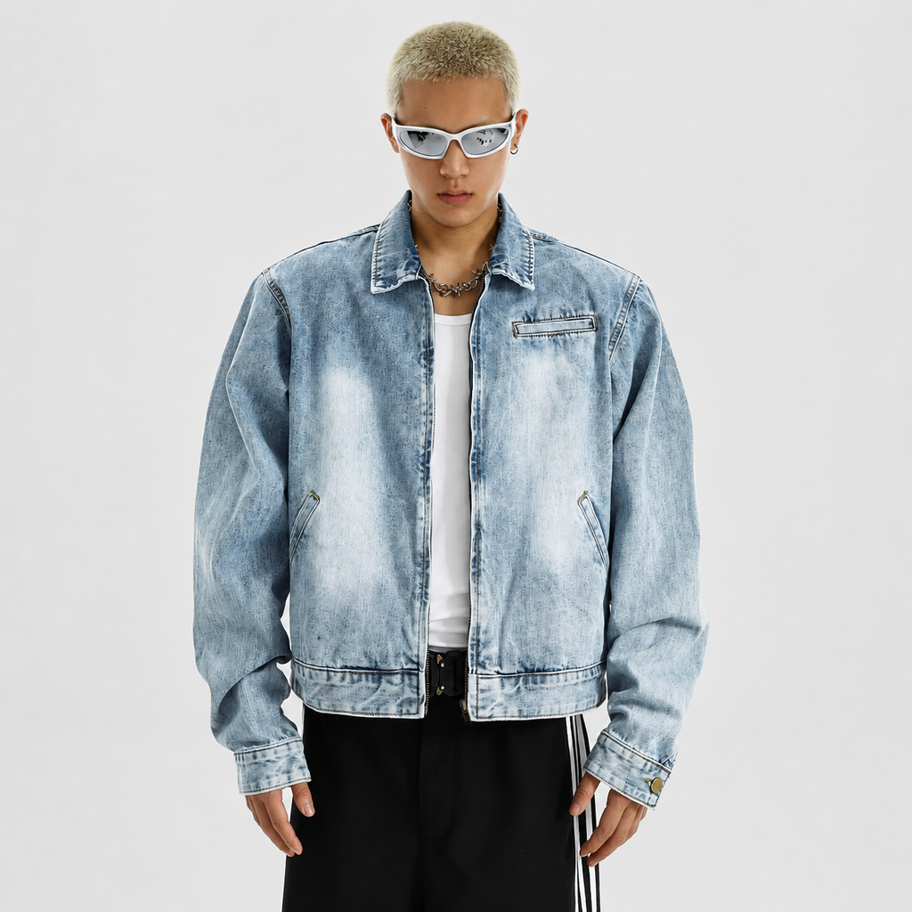 VAREN FORM Washed Zip Denim Jacket in Light Blue Wash for men's gym-to-street wear