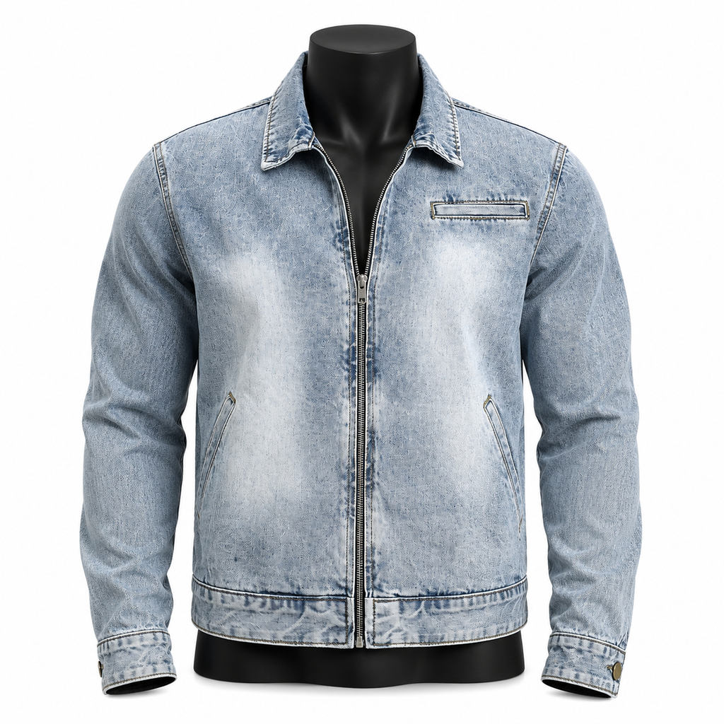 VAREN FORM Washed Zip Denim Jacket in Light Blue Wash for men's gym-to-street wear
