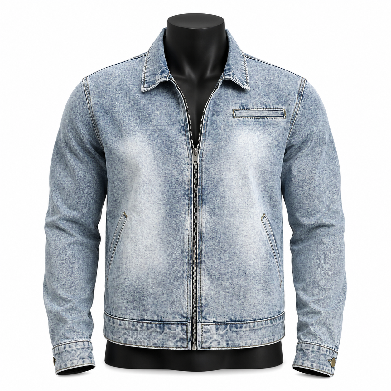 VAREN FORM Washed Zip Denim Jacket in Light Blue Wash for men's gym-to-street wear