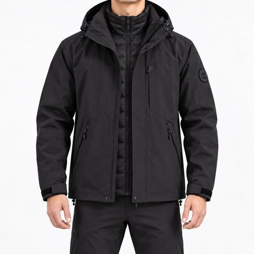 Men's 3-in-1 Hooded Outdoor Jacket in Black, worn view