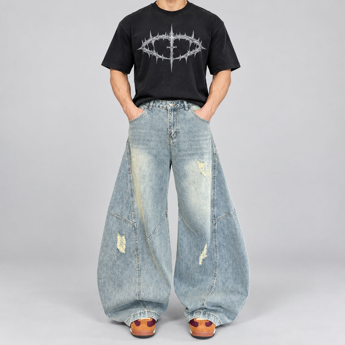 Men's Relaxed Wide-Leg Jeans in Light Blue, worn view