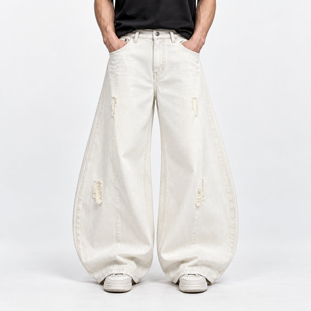 Men's Relaxed Wide-Leg Jeans in Off White, worn view