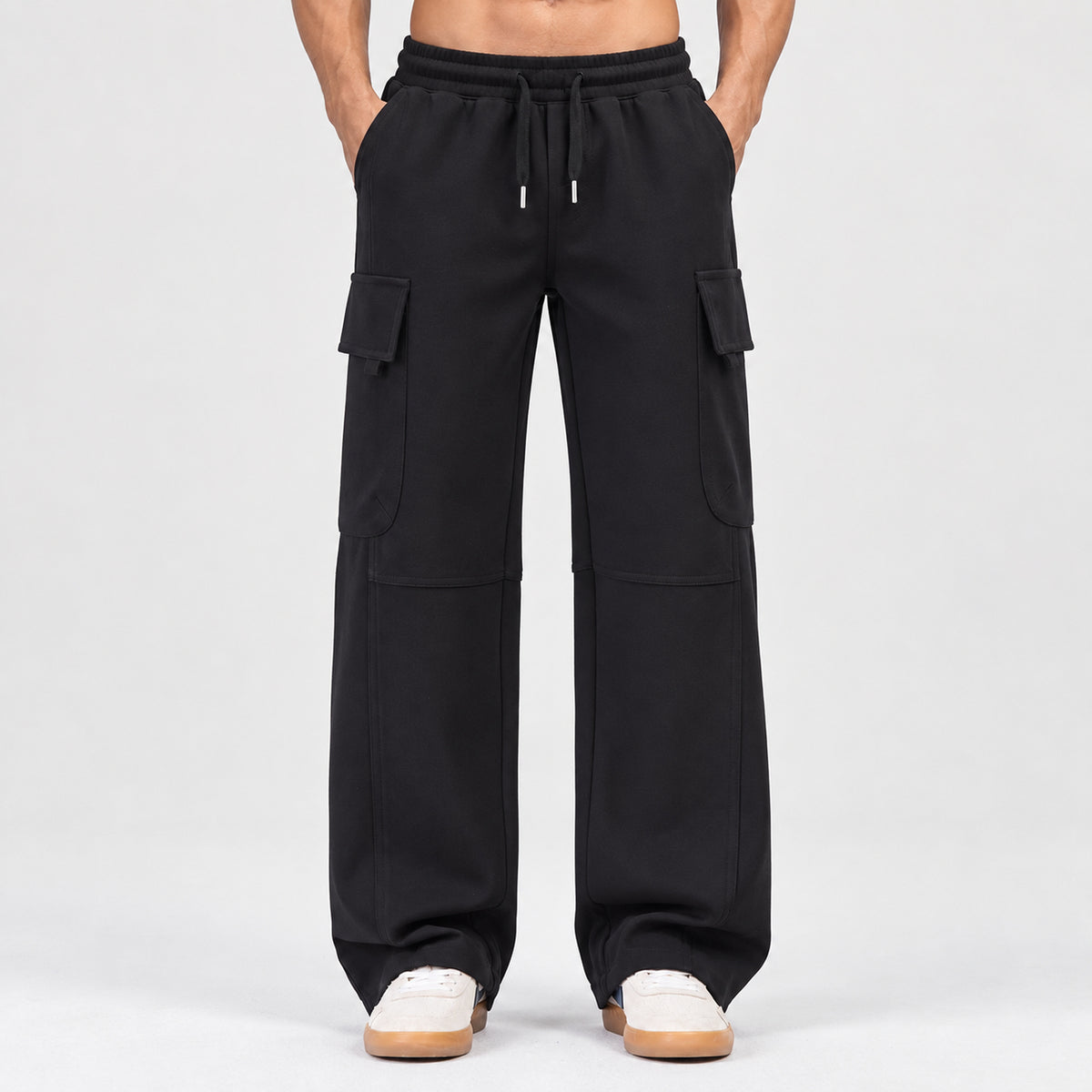 Men's Multi-Pocket Knit Cargo Pants in Black, worn view