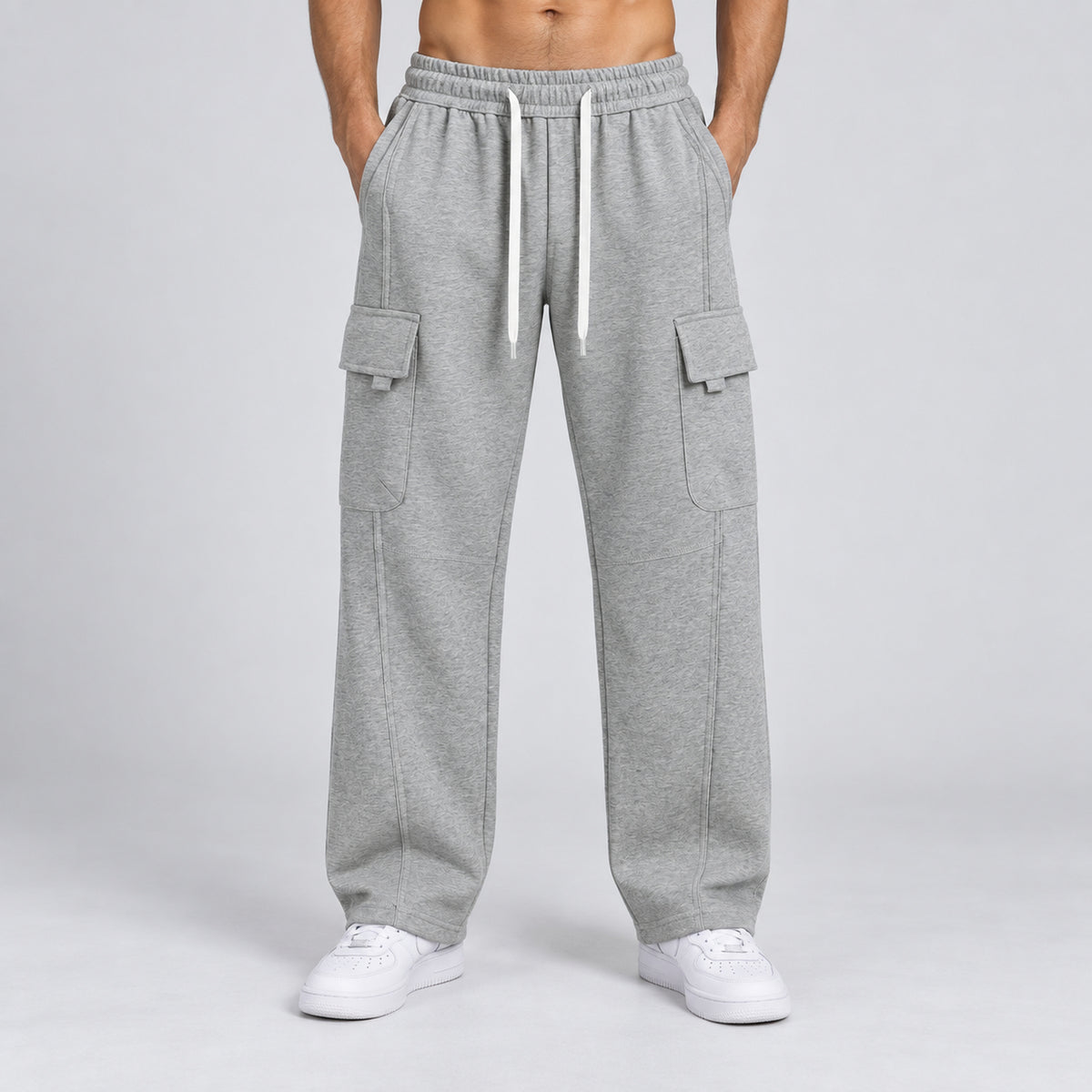 Men's Multi-Pocket Knit Cargo Pants in Gray, worn view