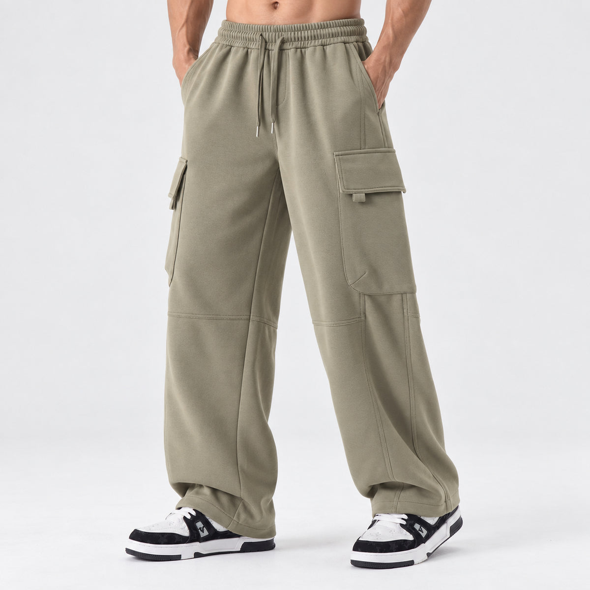 Men's Multi-Pocket Knit Cargo Pants in Khaki, worn view