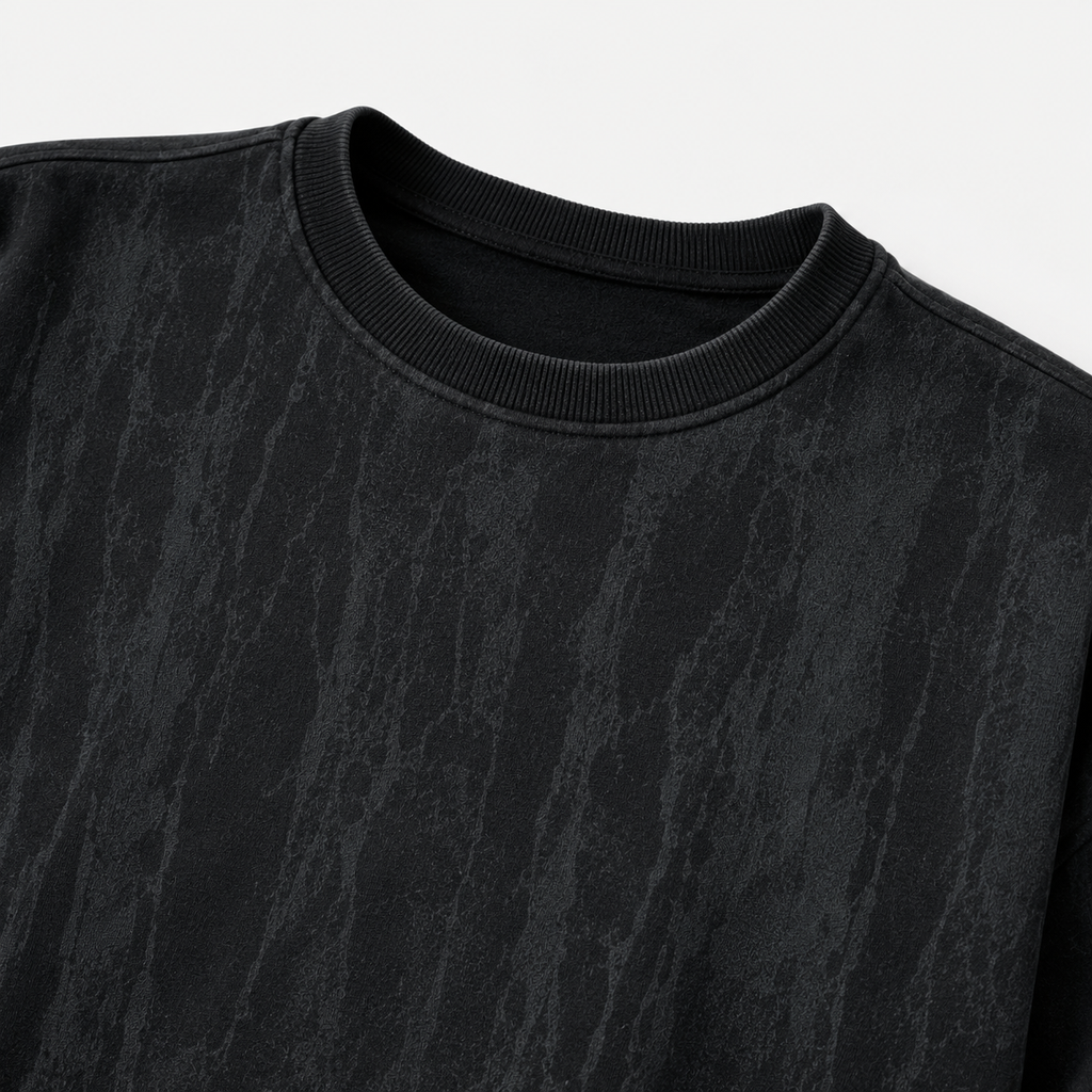 VAREN FORM 350g Tie-Dye Layered Crewneck Sweatshirt washed black collar detail