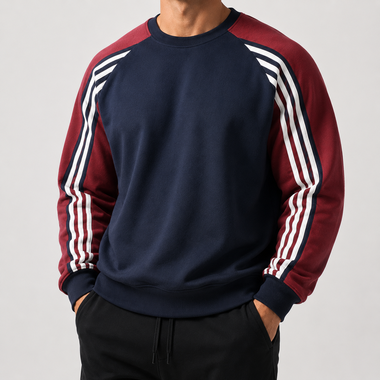 VAREN FORM 380g Colorblock Stripe Sleeve Sweatshirt navy model front