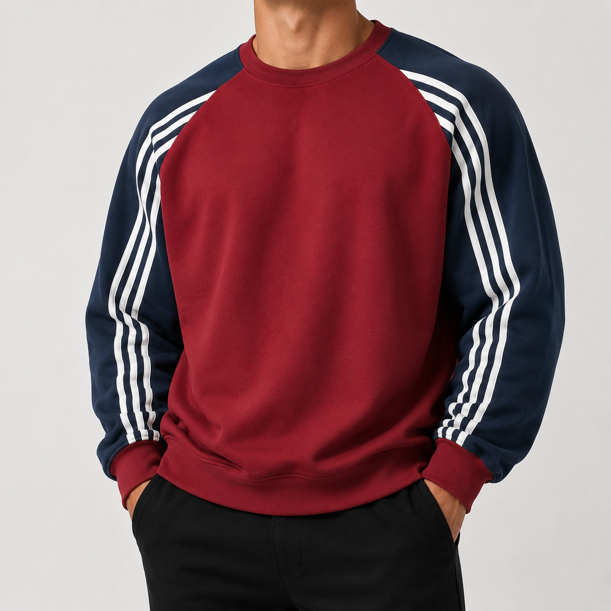 VAREN FORM 380g Colorblock Stripe Sleeve Sweatshirt red model front