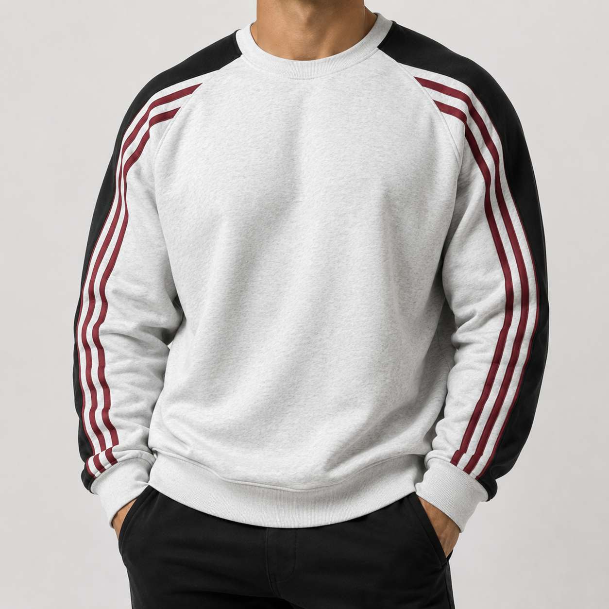 VAREN FORM 380g Colorblock Stripe Sleeve Sweatshirt white model front