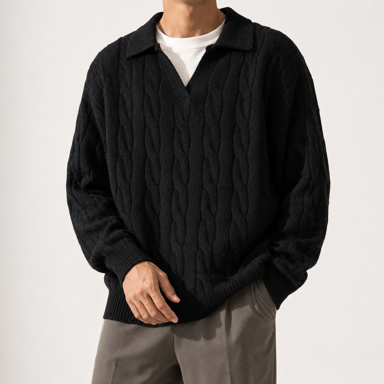 VAREN FORM Cable Knit Open Collar Sweater black model front