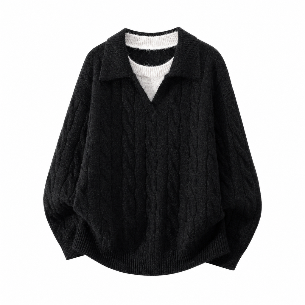 VAREN FORM Cable Knit Open Collar Sweater black product front