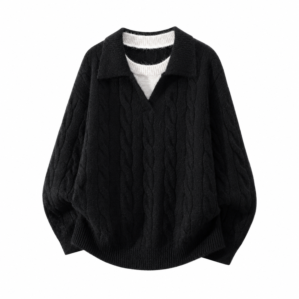 VAREN FORM Cable Knit Open Collar Sweater black product front
