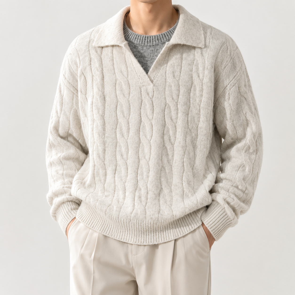 VAREN FORM Cable Knit Open Collar Sweater ivory model front