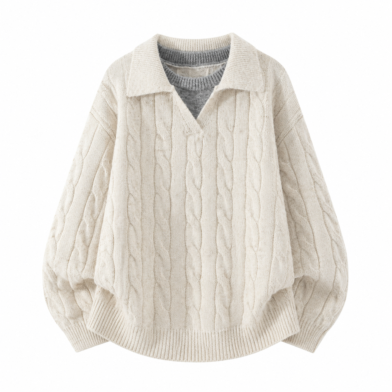 VAREN FORM Cable Knit Open Collar Sweater ivory product front