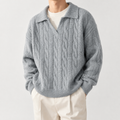 VAREN FORM Cable Knit Open Collar Sweater light grey model front